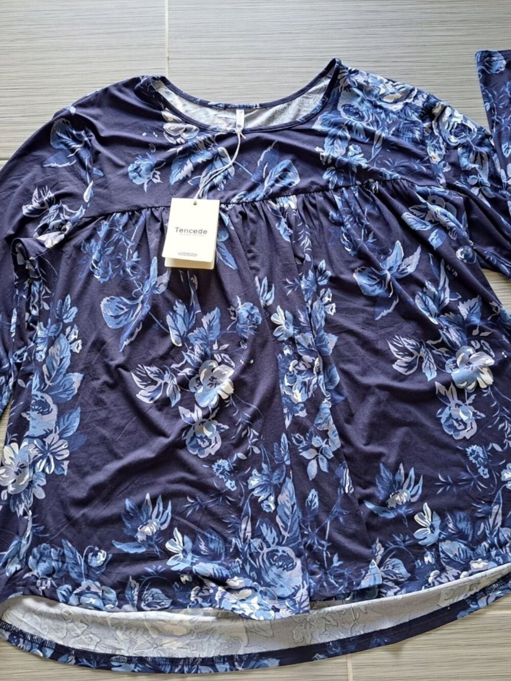 New Tencede 4XL Women's Long Sleeve Floral Print Tunic Top Navy Blue Plus Size - Picture 6 of 9